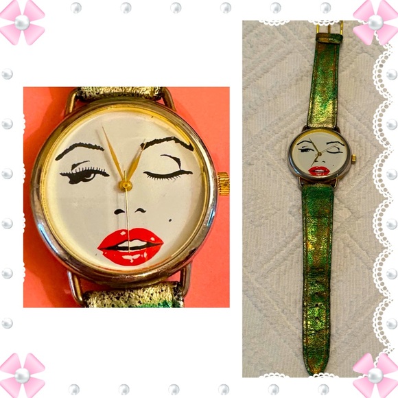 Watch - Works! Vintage wind up face wristwatch. Marilyn Monroe?  Cute!  Rare. - Picture 1 of 11